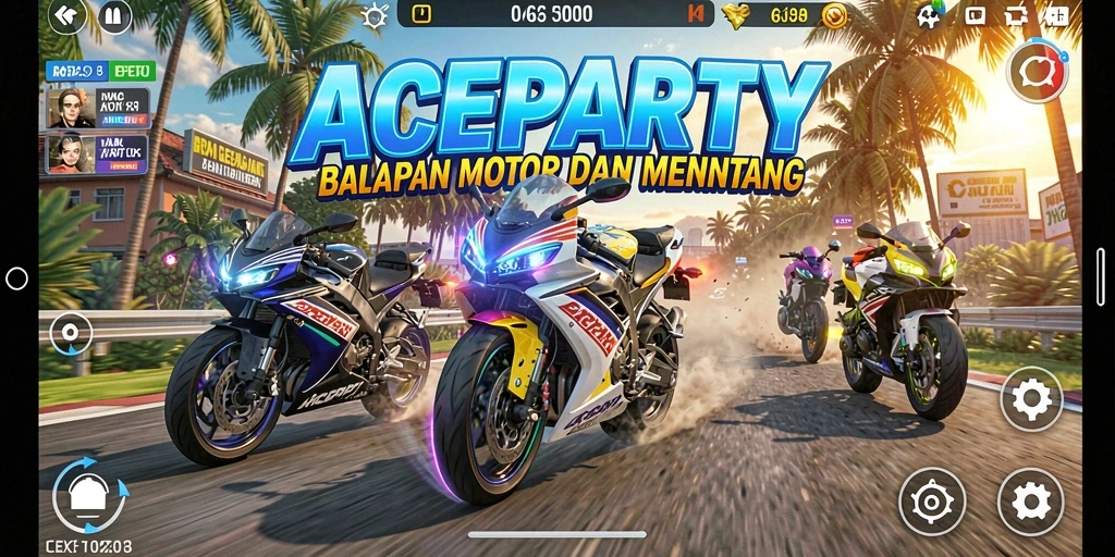 Screenshot gameplay ACEPARTY menampilkan balapan motor yang mendebarkan.