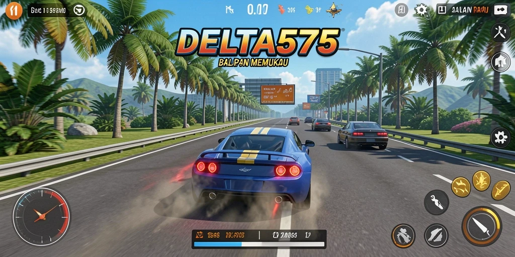 Screenshot gameplay DELTA575 dengan aksi balapan intens.
