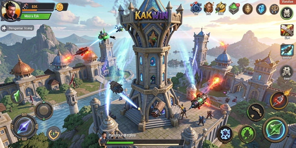 Gambaran gameplay KAKWIN yang menegangkan dalam pertempuran Tower Defense.